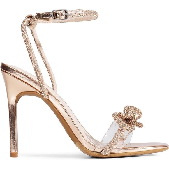 🆕 Women Gold Double Bowknots Crystal Sandals Clear Slingback Square Toe Heels - Picture 3 of 7